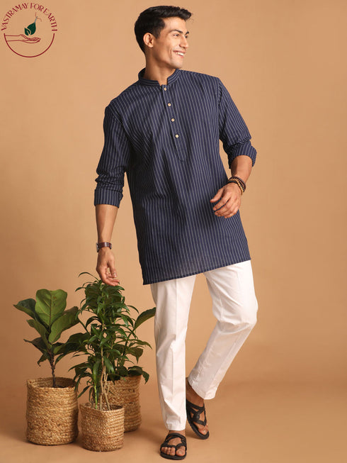 Vastramay Men's Navy Blue Striped Cotton Short Kurta With White Pant Set