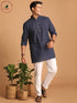 Vastramay Men's Navy Blue Striped Cotton Short Kurta With White Pant Set