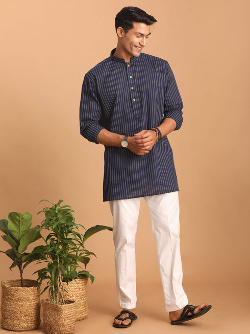 Vastramay Men's Navy Blue Striped Cotton Short Kurta With White Pant Set