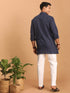 Vastramay Men's Navy Blue Striped Cotton Short Kurta With White Pant Set
