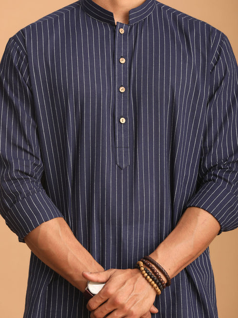 Vastramay Men's Navy Blue Striped Cotton Short Kurta With White Pant Set