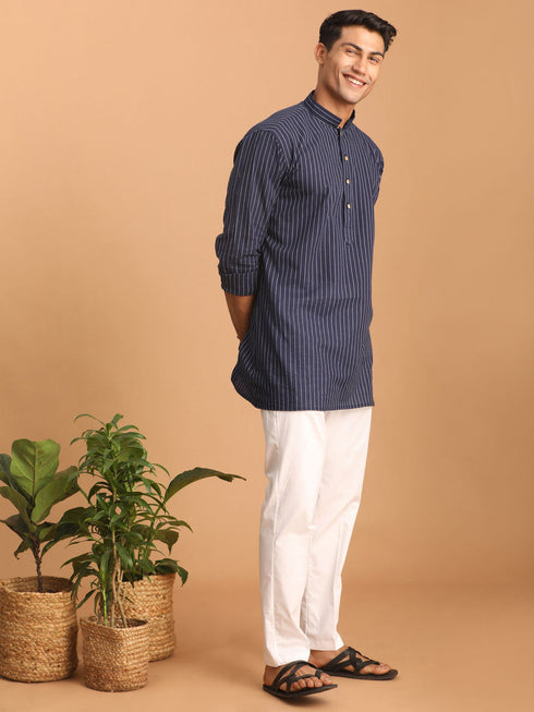 Vastramay Men's Navy Blue Striped Cotton Short Kurta With White Pant Set