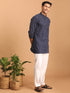 Vastramay Men's Navy Blue Striped Cotton Short Kurta With White Pant Set