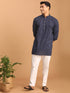 Vastramay Men's Navy Blue Striped Cotton Short Kurta With White Pant Set