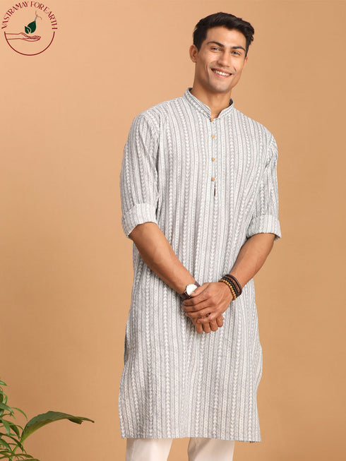 Vastramay Men's Grey And White Batik Printed Kurta