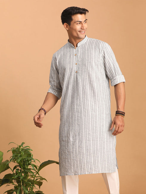 Vastramay Men's Grey And White Batik Printed Kurta