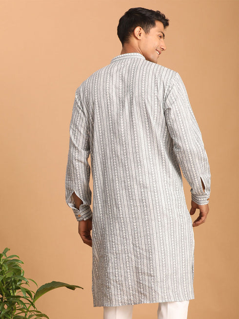 Vastramay Men's Grey And White Batik Printed Kurta