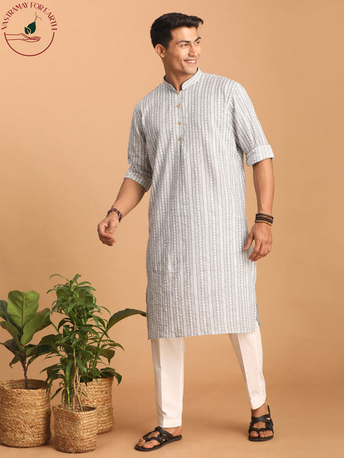 Vastramay Men's Grey And White Batik Printed Kurta with White Pant Set