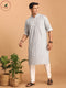 Vastramay Men's Grey And White Batik Printed Kurta with White Pant Set