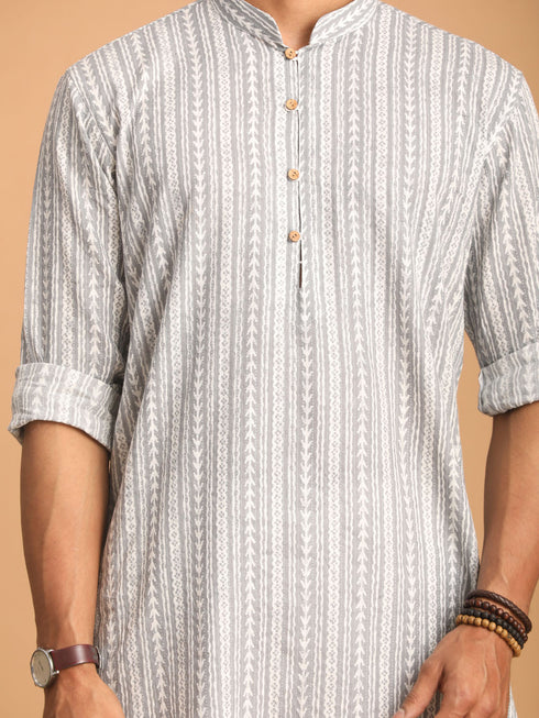 Vastramay Men's Grey And White Batik Printed Kurta with White Pant Set