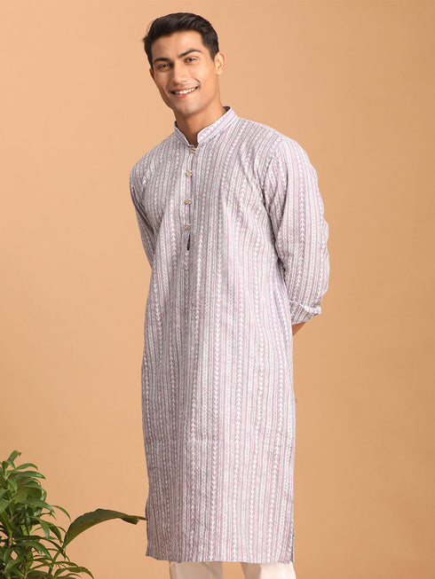 Vastramay Men's Purple And White Batik Printed Kurta
