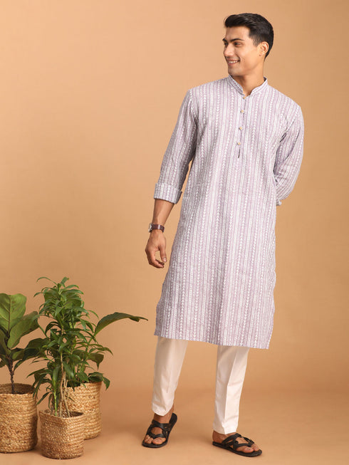 Vastramay Men's Purple And White Batik Printed Kurta with White Pant Set