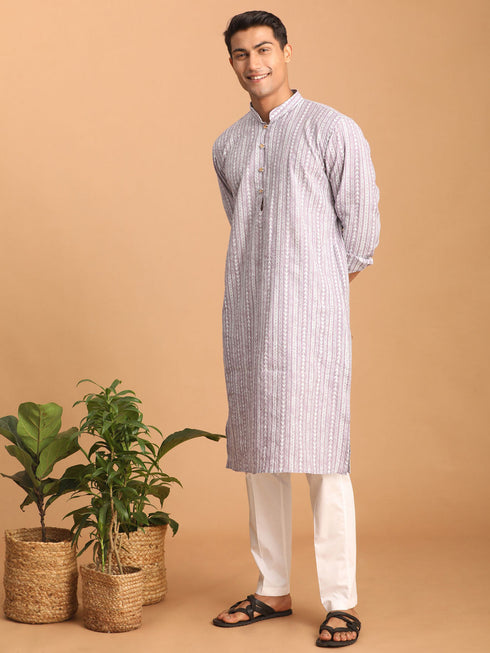 Vastramay Men's Purple And White Batik Printed Kurta with White Pant Set