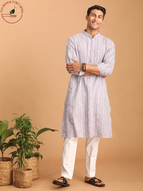 Vastramay Men's Purple And White Batik Printed Kurta with White Pant Set