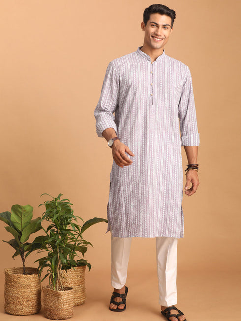 Vastramay Men's Purple And White Batik Printed Kurta with White Pant Set