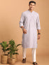 Vastramay Men's Purple And White Batik Printed Kurta with White Pant Set