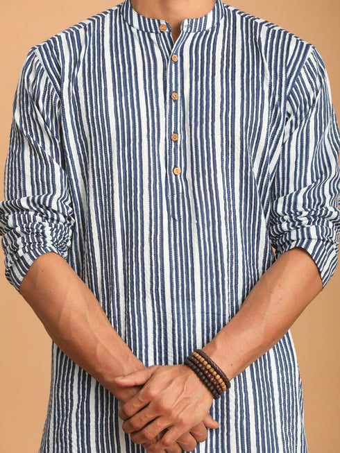Vastramay Men's White And Blue Striped cotton Kurta with White Pant Set