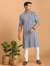 Vastramay Men's White And Blue Striped cotton Kurta with White Pant Set