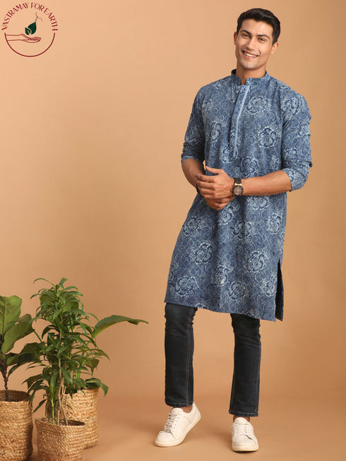 Vastramay Men's Blue Dot Printed Denim Kurta