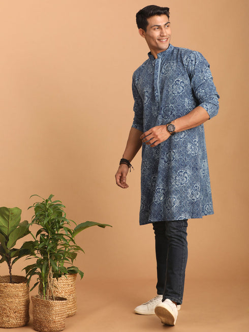 Vastramay Men's Blue Dot Printed Denim Kurta