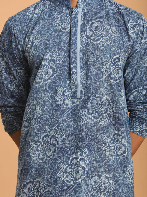Vastramay Men's Blue Dot Printed Denim Kurta