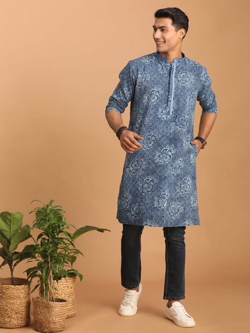 Vastramay Men's Blue Dot Printed Denim Kurta