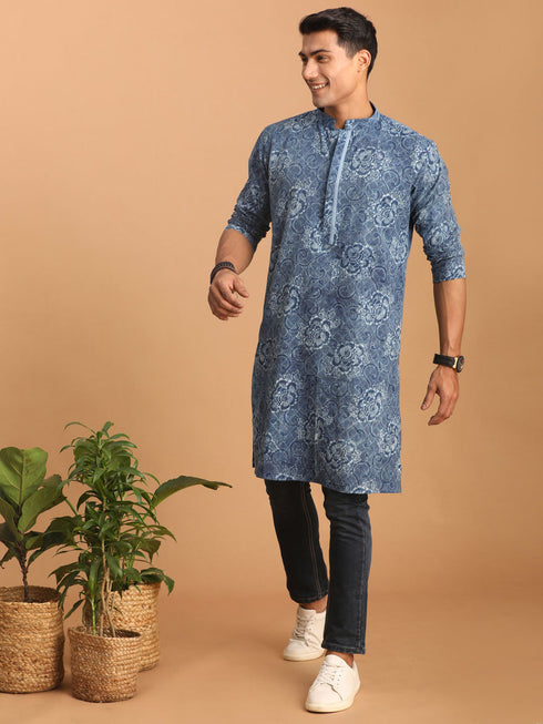 Vastramay Men's Blue Dot Printed Denim Kurta