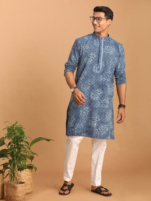 Vastramay Men's Blue Dot Printed Denim Kurta with White Pant Set
