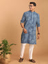 Vastramay Men's Blue Dot Printed Denim Kurta with White Pant Set