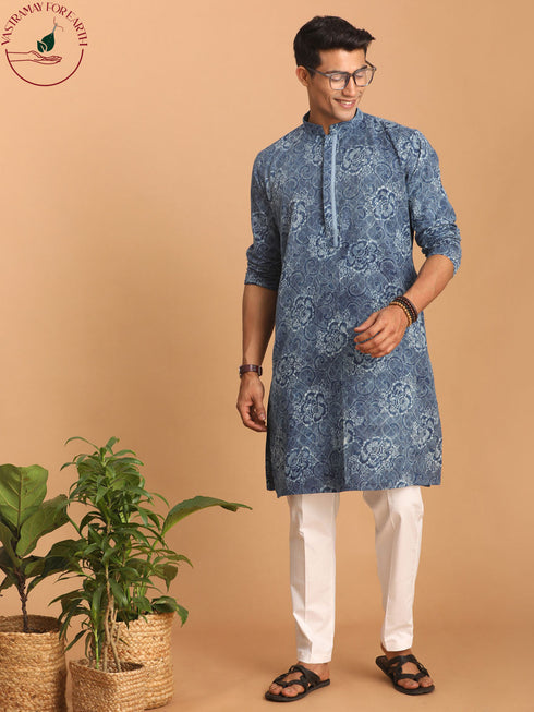 Vastramay Men's Blue Dot Printed Denim Kurta with White Pant Set