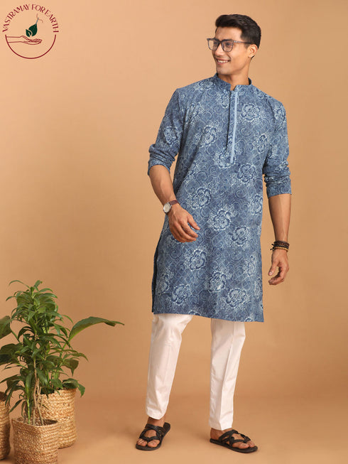 Vastramay Men's Blue Dot Printed Denim Kurta with White Pant Set