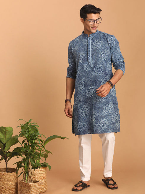 Vastramay Men's Blue Dot Printed Denim Kurta with White Pant Set