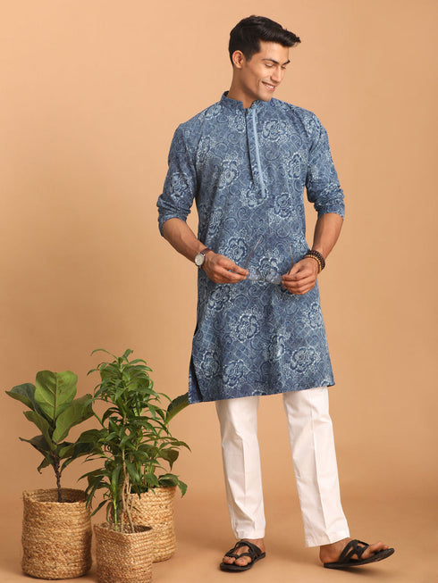 Vastramay Men's Blue Dot Printed Denim Kurta with White Pant Set