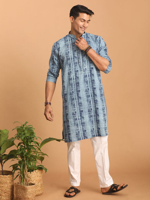 Vastramay Men's Indigo Washed Denim Kurta With White Pant Set