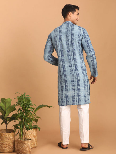 Vastramay Men's Indigo Washed Denim Kurta With White Pant Set