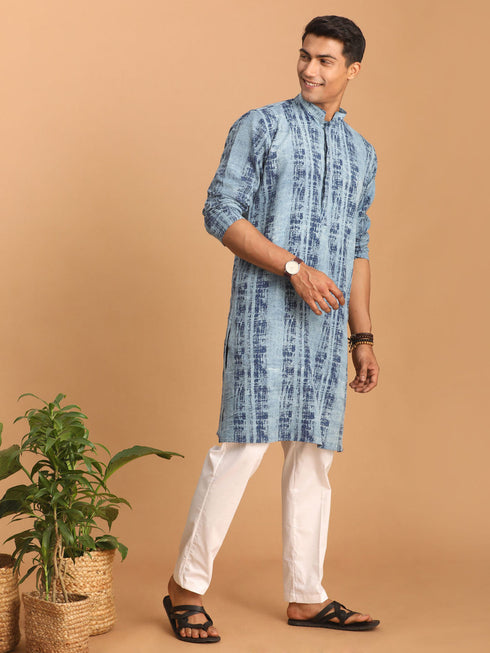 Vastramay Men's Indigo Washed Denim Kurta With White Pant Set