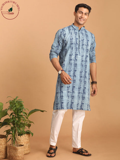 Vastramay Men's Indigo Washed Denim Kurta With White Pant Set