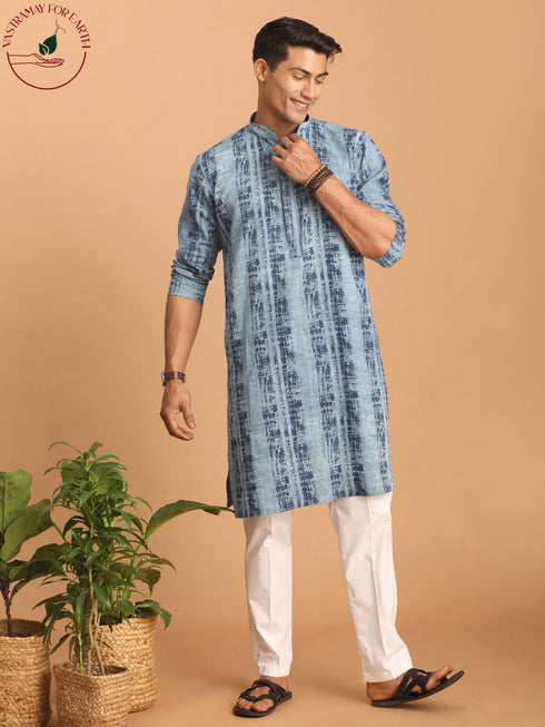 Vastramay Men's Indigo Washed Denim Kurta With White Pant Set