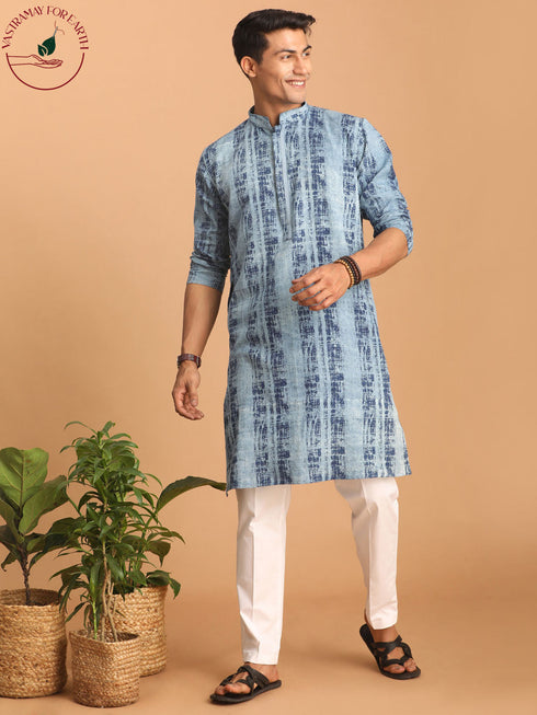 Vastramay Men's Indigo Washed Denim Kurta With White Pant Set