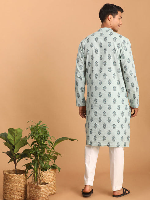 Vastramay Men's Light Green Ethnic Motif Printed Kurta with White Pant Set