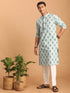 Vastramay Men's Light Green Ethnic Motif Printed Kurta with White Pant Set