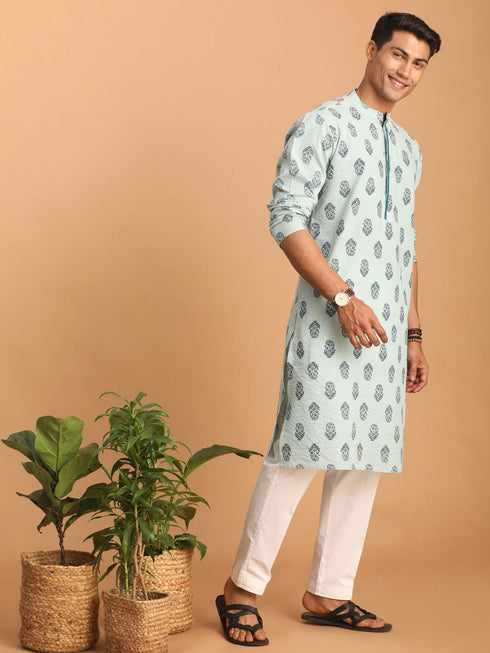 Vastramay Men's Light Green Ethnic Motif Printed Kurta with White Pant Set
