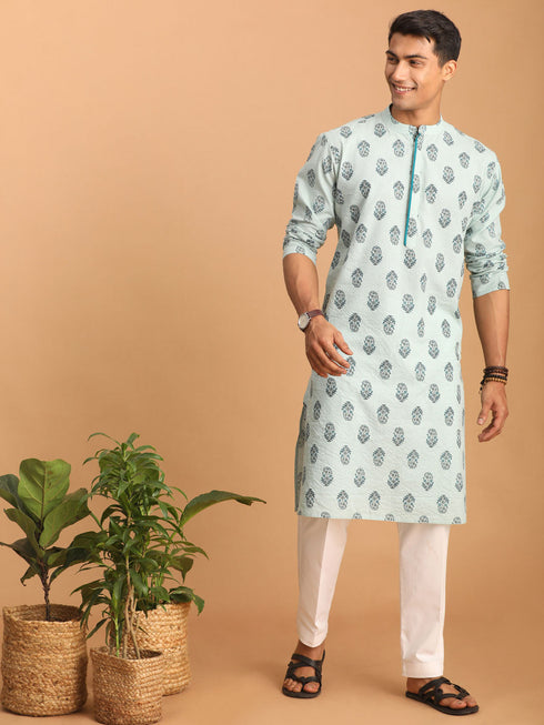 Vastramay Men's Light Green Ethnic Motif Printed Kurta with White Pant Set