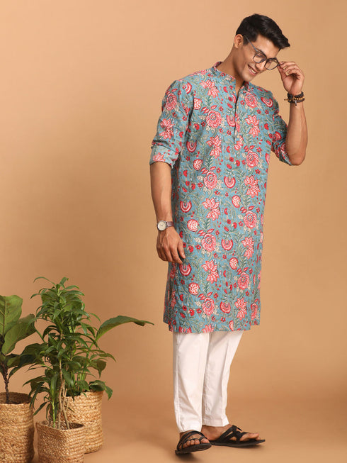 Vastramay Men's Blue And Red Floral Printed Cotton Kurta with White Pant Set