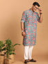 Vastramay Men's Blue And Red Floral Printed Cotton Kurta with White Pant Set