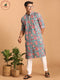 Vastramay Men's Blue And Red Floral Printed Cotton Kurta with White Pant Set