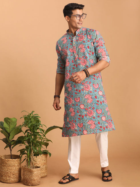 Vastramay Men's Blue And Red Floral Printed Cotton Kurta with White Pant Set
