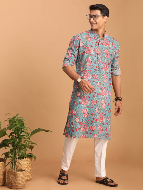 Vastramay Men's Blue And Red Floral Printed Cotton Kurta with White Pant Set