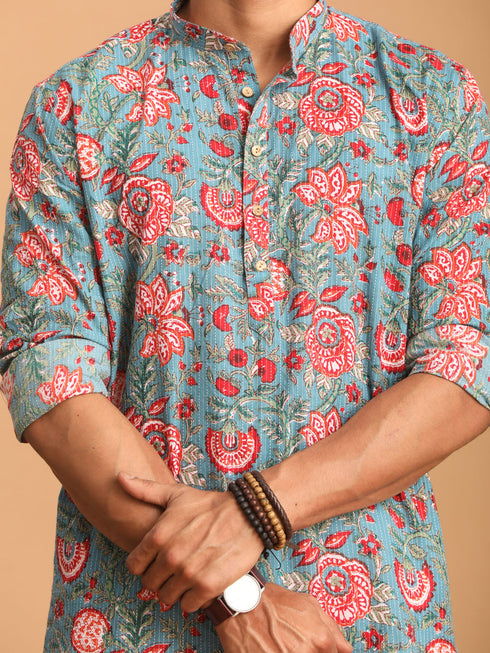 Vastramay Men's Blue And Red Floral Printed Cotton Kurta with White Pant Set