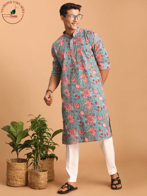 Vastramay Men's Blue And Red Floral Printed Cotton Kurta with White Pant Set